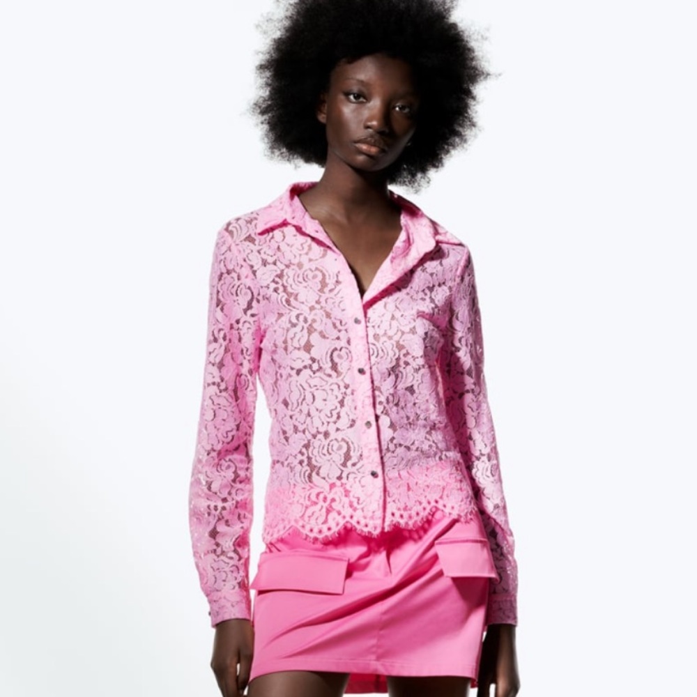 Zara pink semi sheer lace shirt - Picture 3 of 13